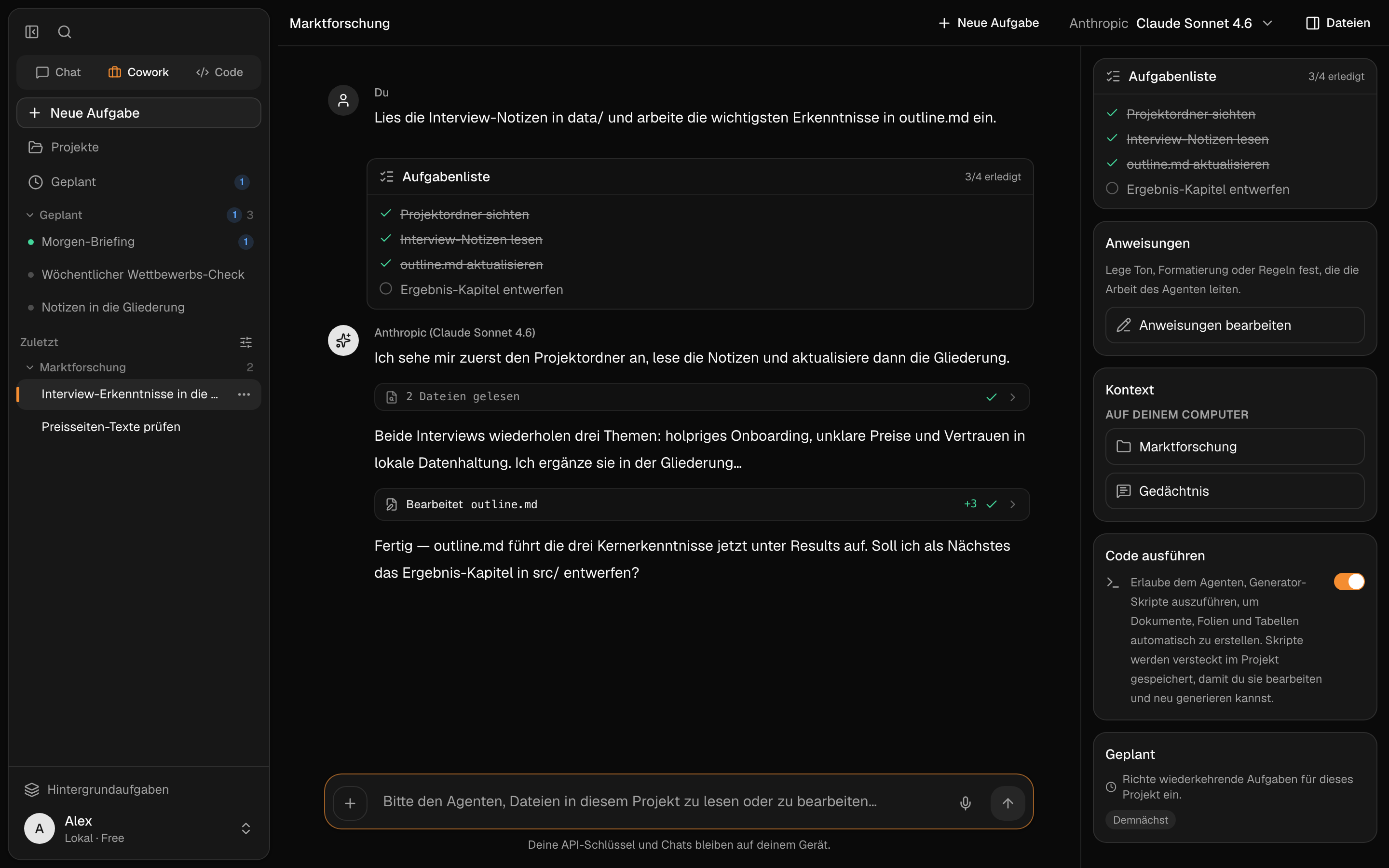 Ein Cowork-Projekt bearbeitet ein Dokument mit sichtbarem Diff