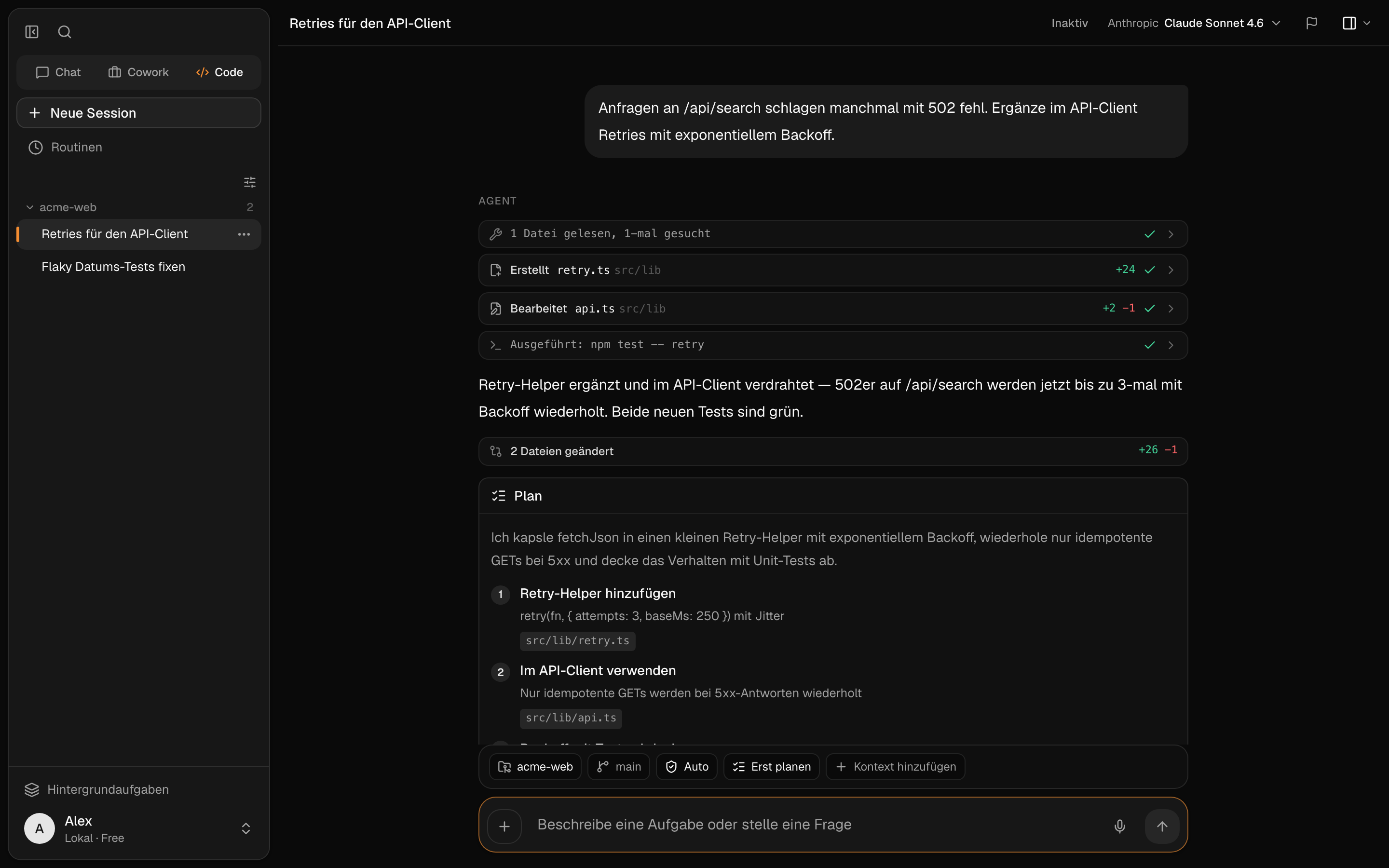 Der Code-Modus zeigt einen Plan, Datei-Diffs und einen Testlauf