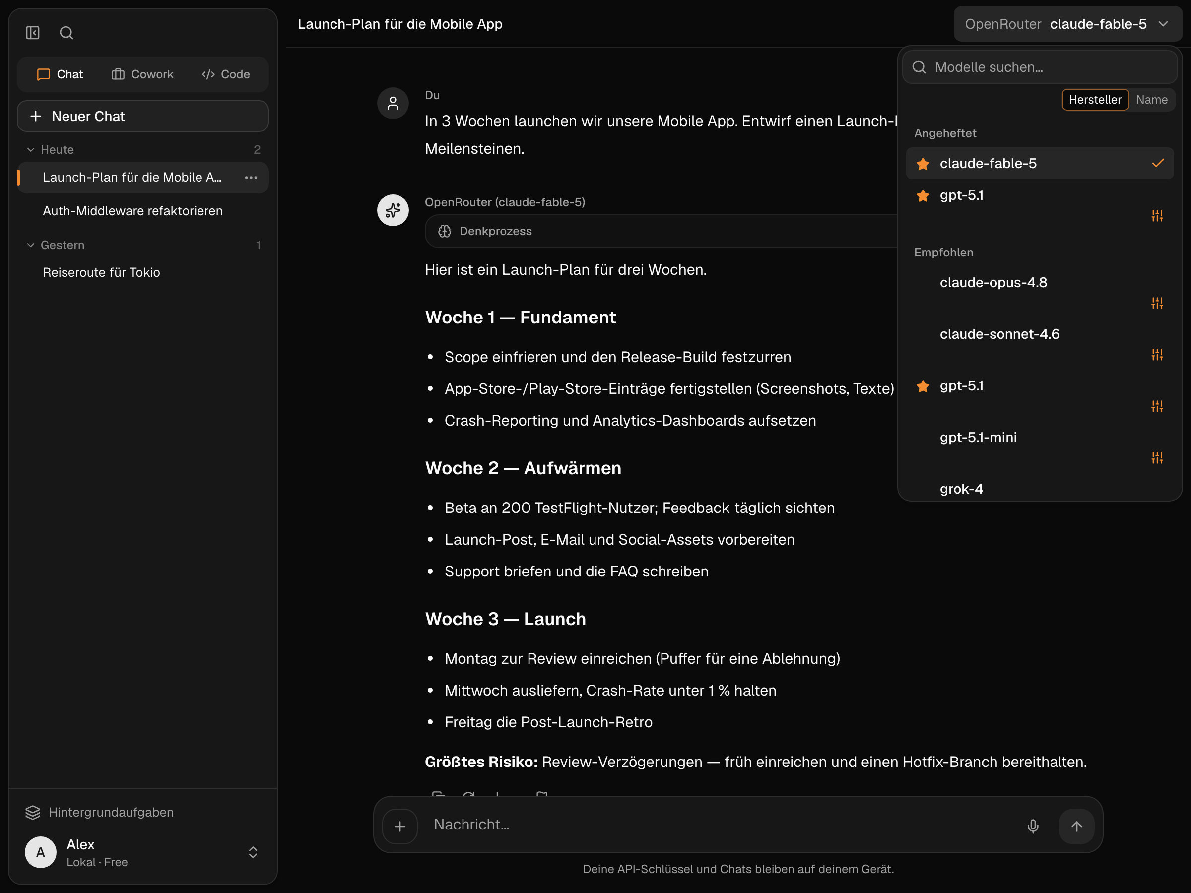 Der Modell-Picker mit lokalen Modellen neben Cloud-Anbietern