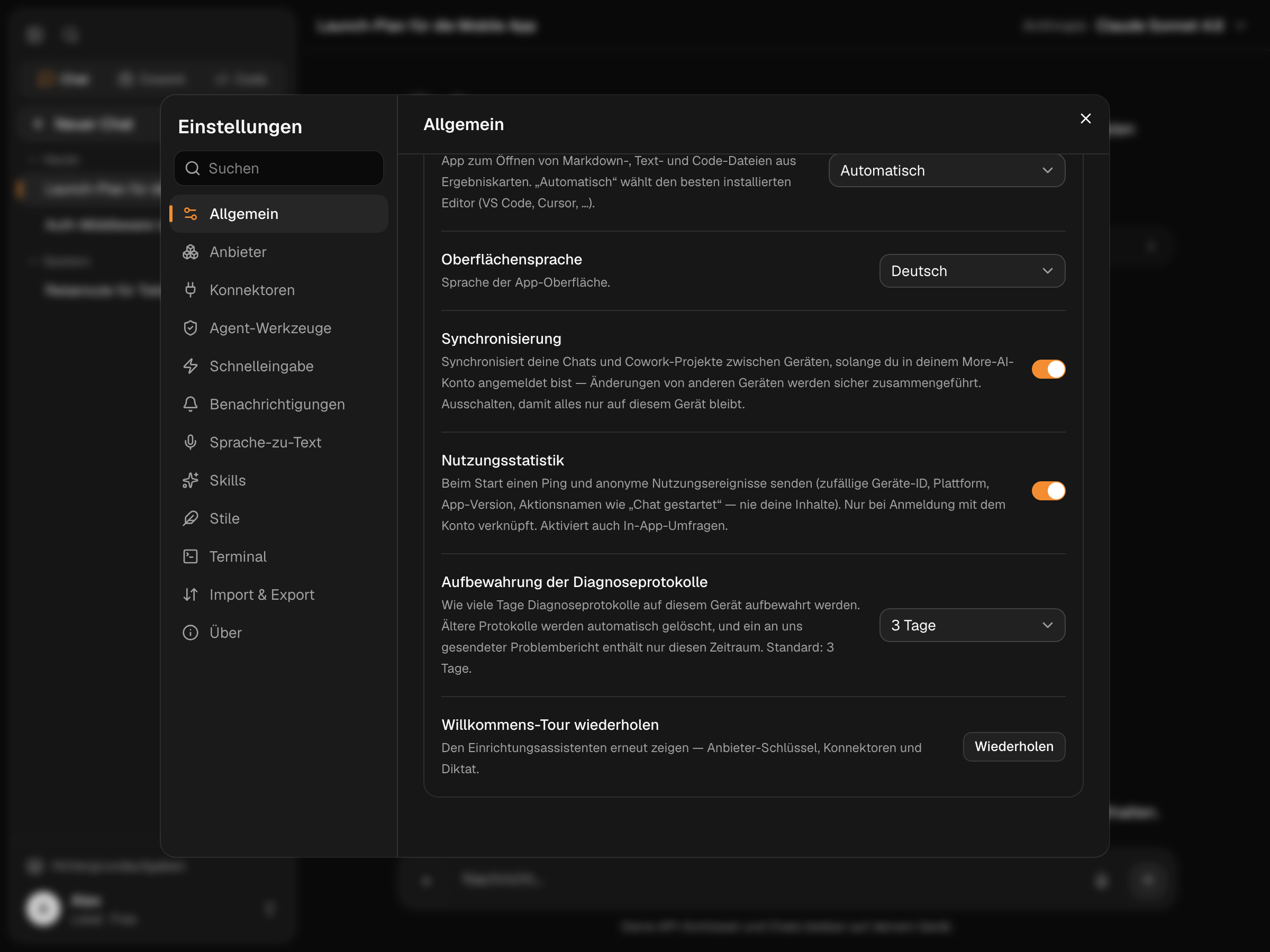 Der Synchronisierungs-Schalter in Settings → General, eingeschaltet