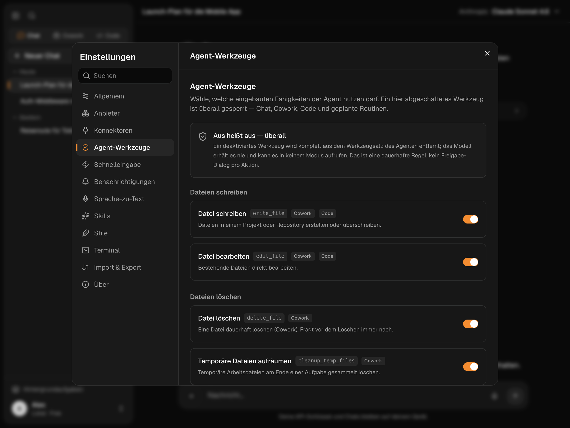 Settings → Agent tools mit einem An/Aus-Schalter für jede Fähigkeit