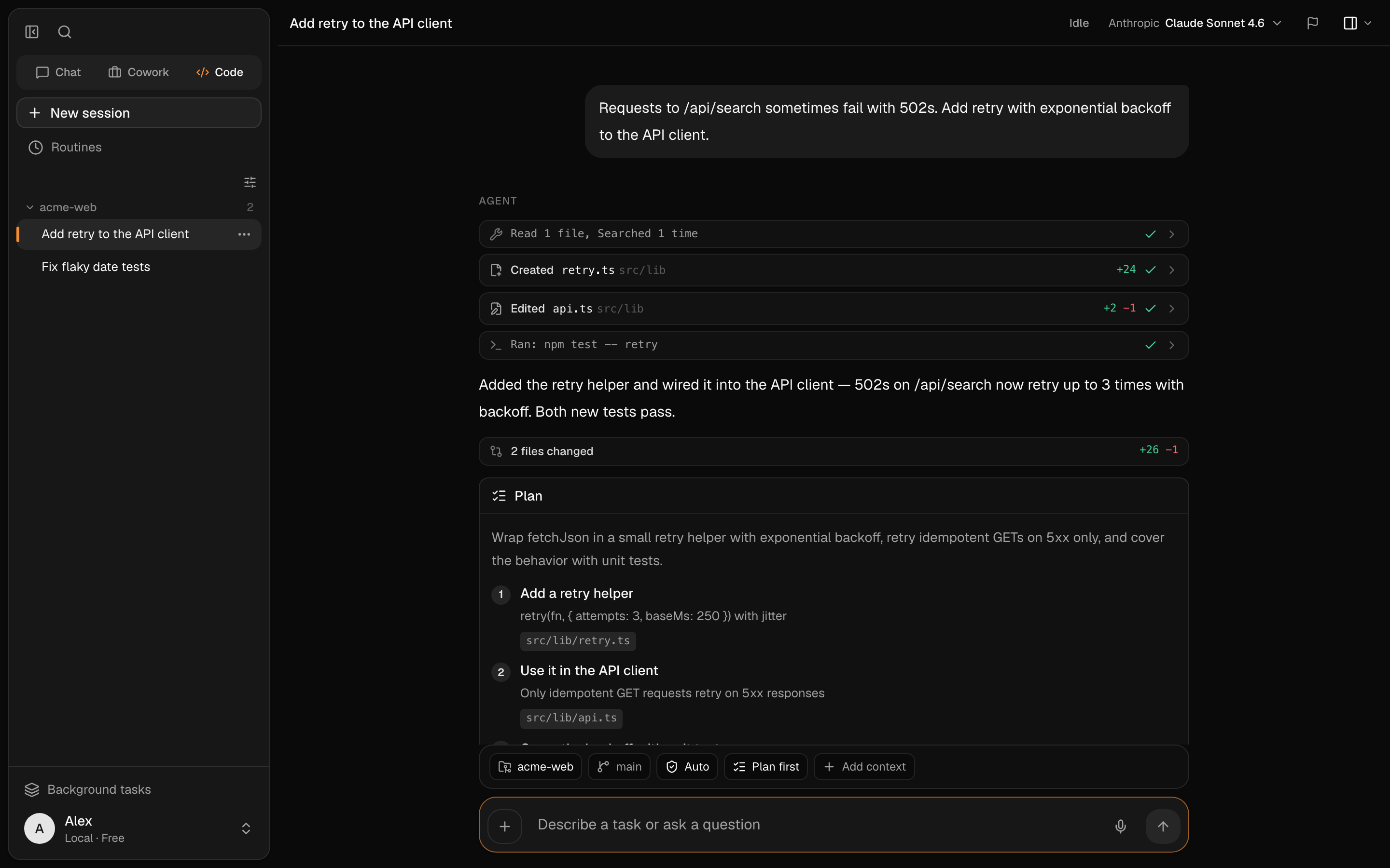 Code mode showing a plan, file diffs and a test run in the transcript