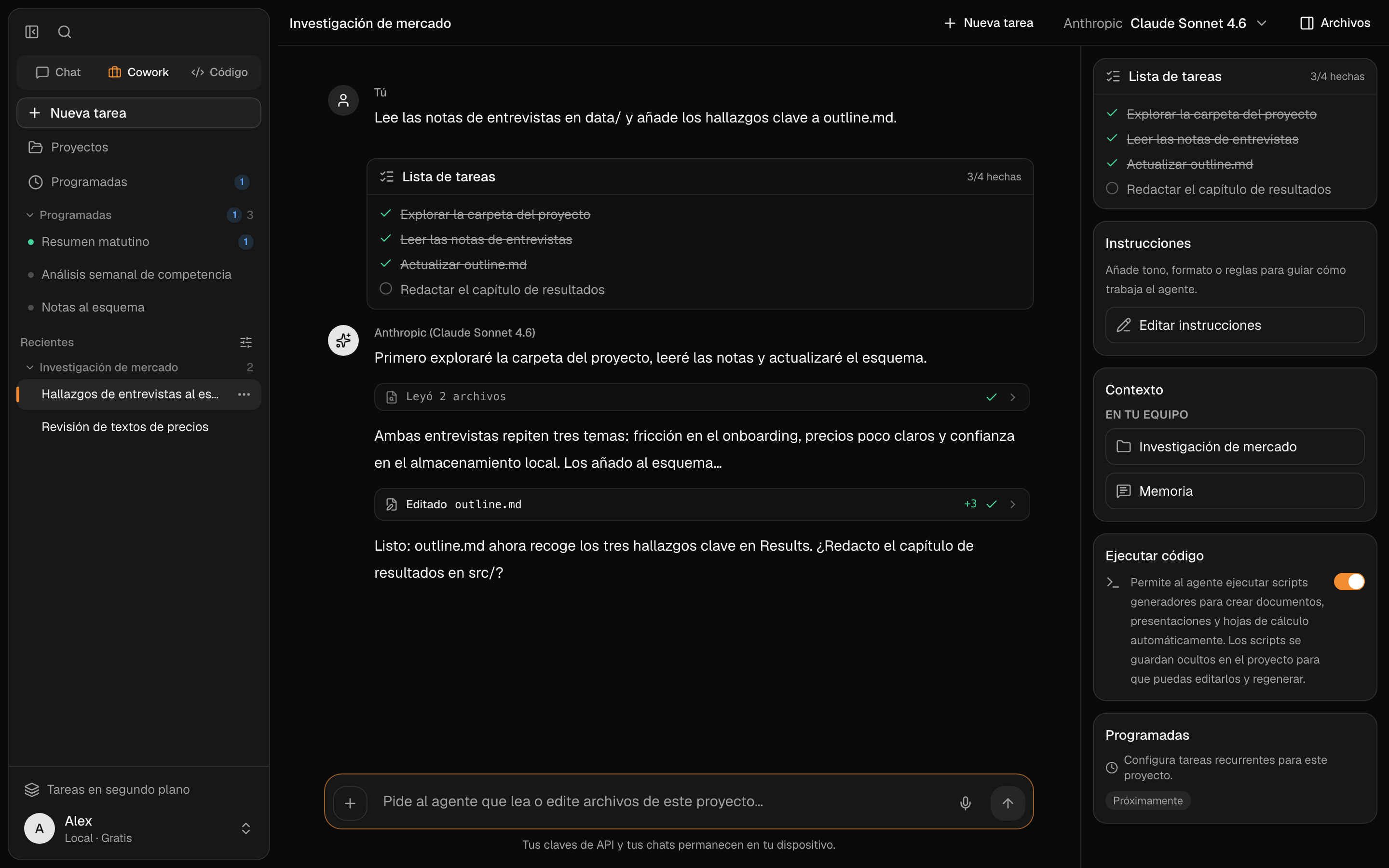 Un proyecto de Cowork editando un documento con un diff visible