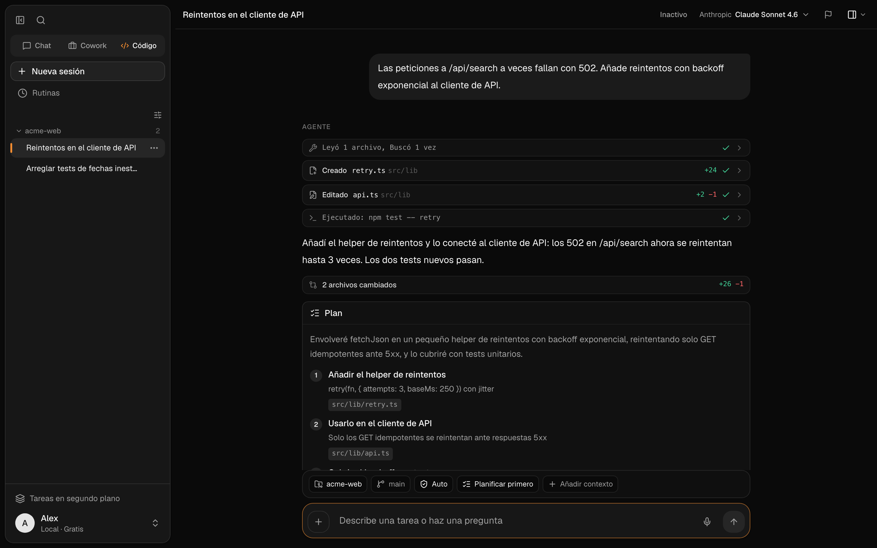 El modo Code mostrando un plan, diffs de archivos y una ejecución de tests