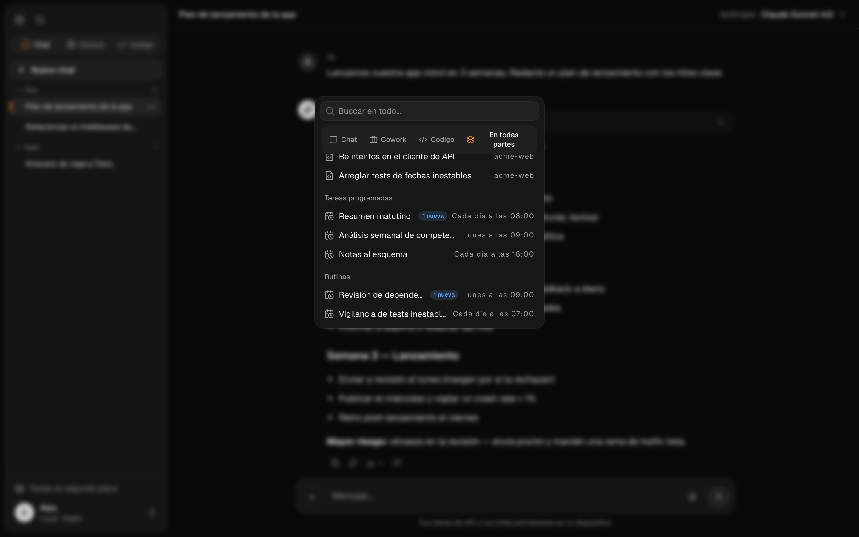 La paleta de comandos encontrando resultados en chats, sesiones y rutinas