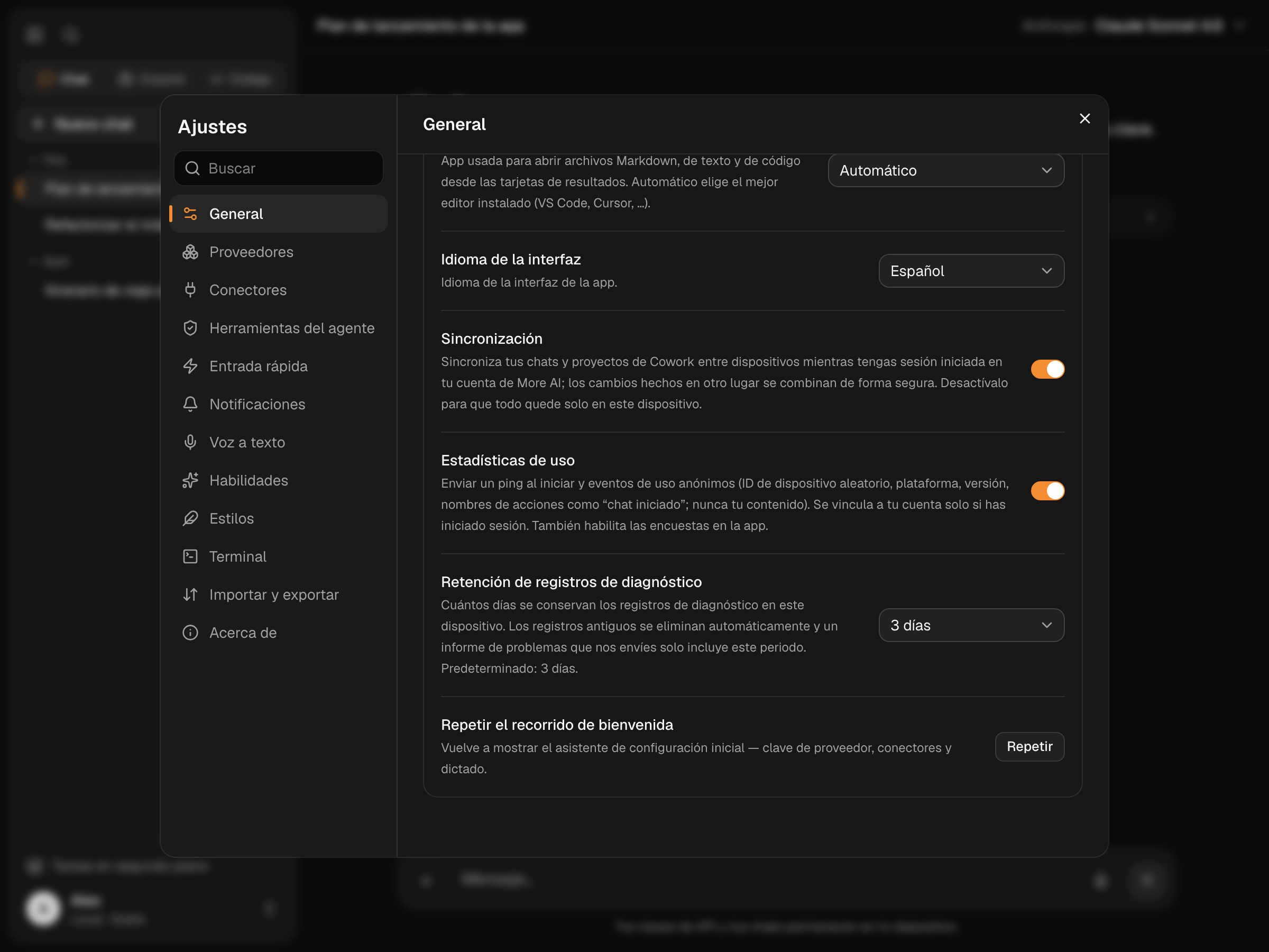 El interruptor de Sincronización en Settings → General, activado
